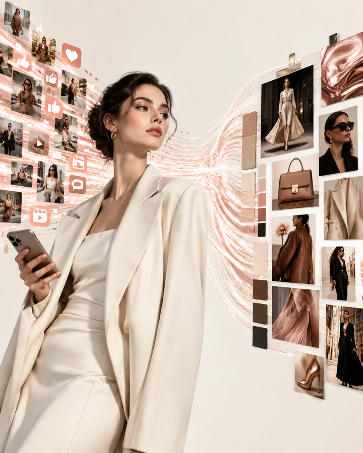 Abstract visualization of social media trend signals flowing into a fashion moodboard in rose gold