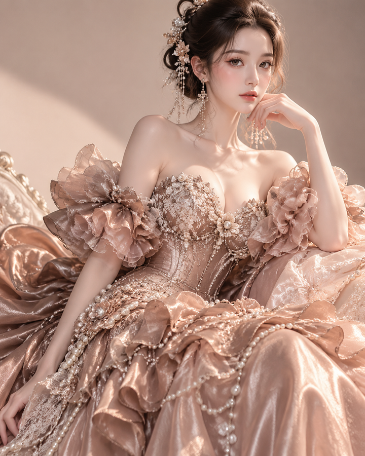 Model in a rose-gold gown with ruffles, lace and pearl trim, rich editorial light, no text