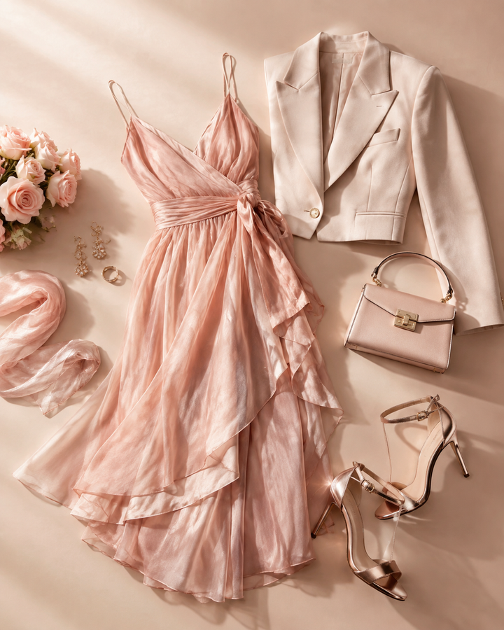 Rose-gold editorial flat-lay of womenswear representing 2026 tariff margin compression in fashion retail