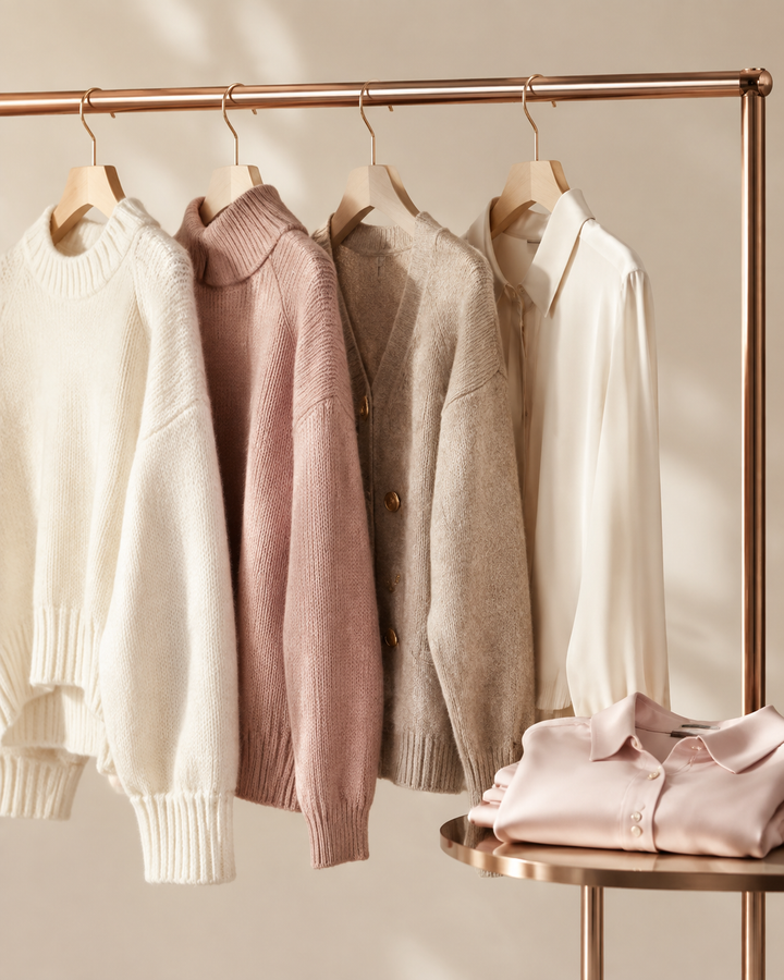 Rose-gold rail of premium women's knitwear, cream studio background