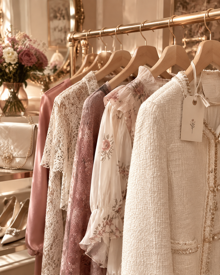 Rose-gold and cream editorial of a curated rack of pre-loved womens garments with a handwritten tag, resale