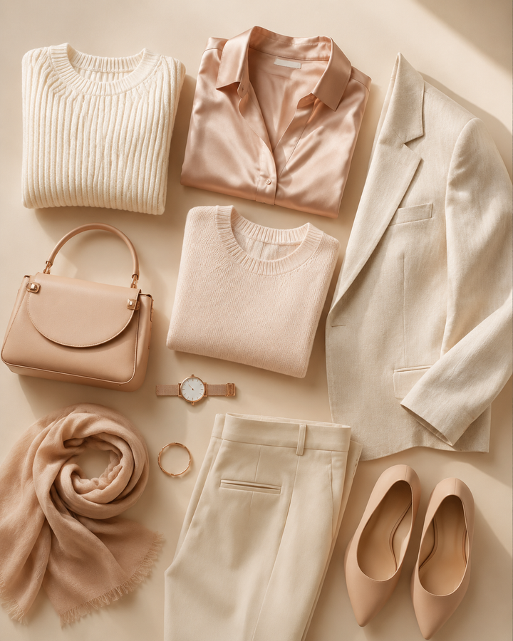 Minimalist flat-lay of a curated capsule wardrobe in cream, blush and rose-gold tones