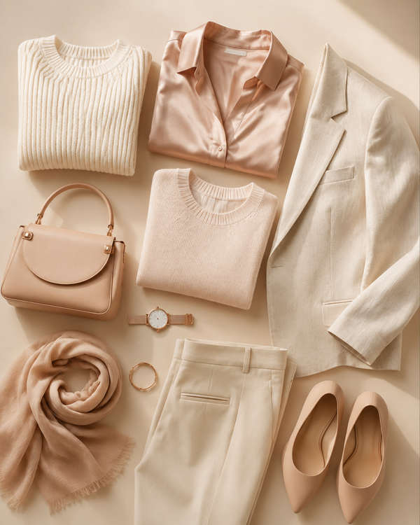 Minimalist flat-lay of a curated capsule wardrobe in cream, blush and rose-gold tones