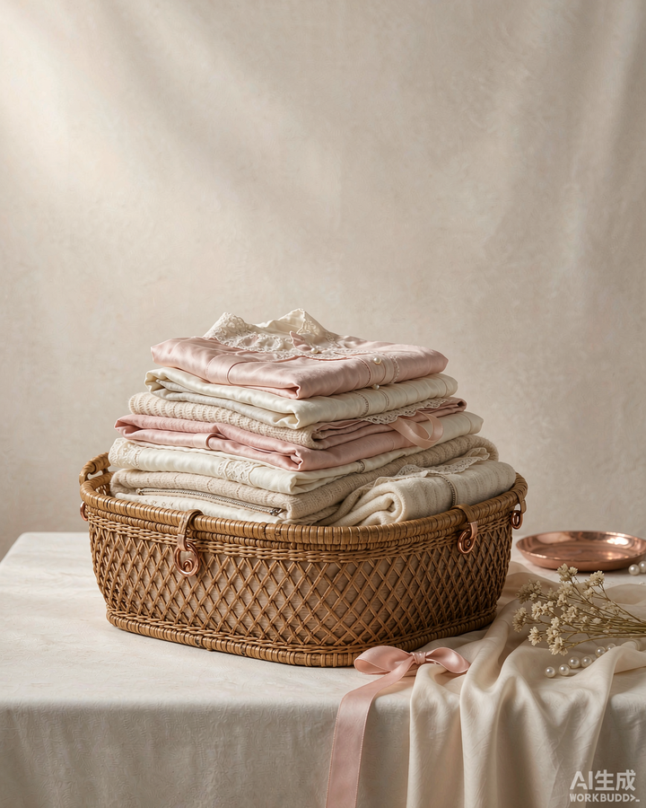 Editorial still life of pre-loved folded garments in a vintage rose-gold basket, blush and cream tones, symbolising Second Hand September