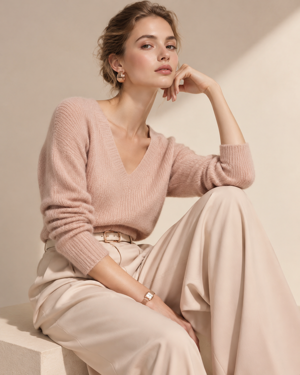 Rose-gold and cream women's fashion editorial, local atelier, maker hands