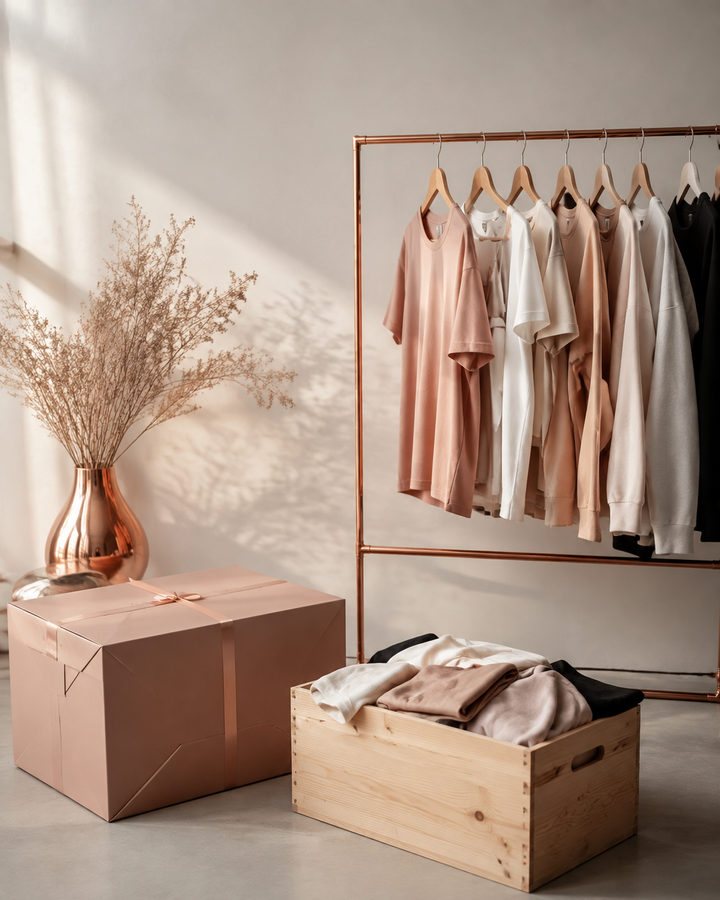 Fashion parcel and open crate beside a minimalist clothing rack, rose-gold cream editorial still life