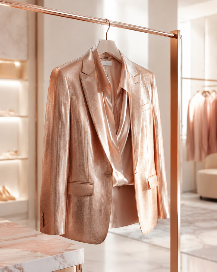 Tailored rose-gold blazer and silk blouse displayed in a bright minimal luxury boutique