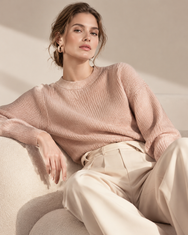 Rose-gold and cream women's fashion editorial, rose-gold layering, transitional