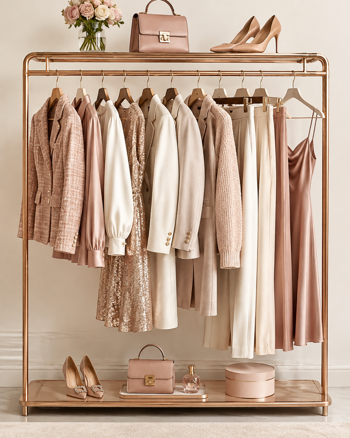 Curated rose-gold capsule wardrobe rail with coordinated separates on a cream background