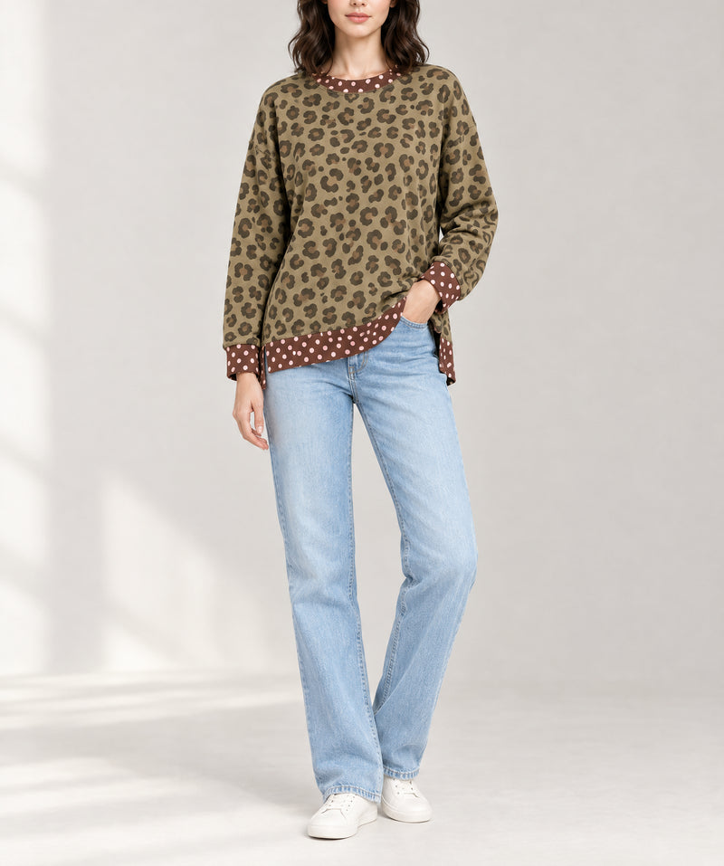 Khaki Leopard Polka Dot Colorblock Trim Long Sleeve Top