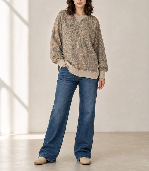 Khaki Camouflage Print Round Neck Long Sleeve Shift Plus Size Sweatshirt