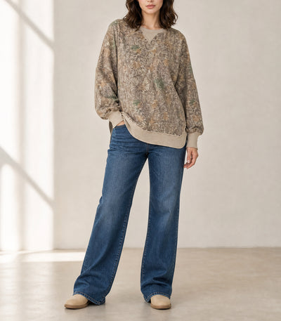 Khaki Camouflage Print Round Neck Long Sleeve Shift Plus Size Sweatshirt