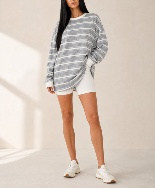 Gray Stripe Long Sleeve Round Neck Tunic Top