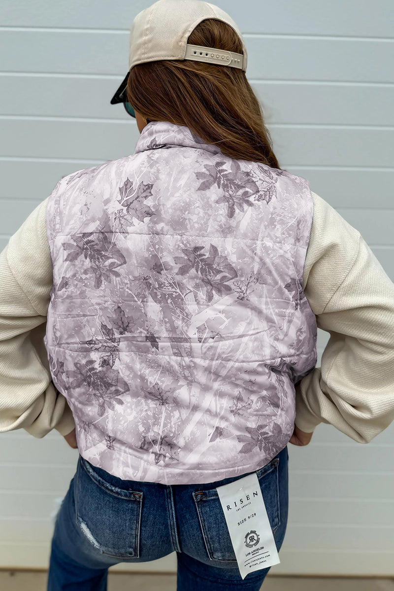 Brown Camo Leaf Print Winter Puffer Vest