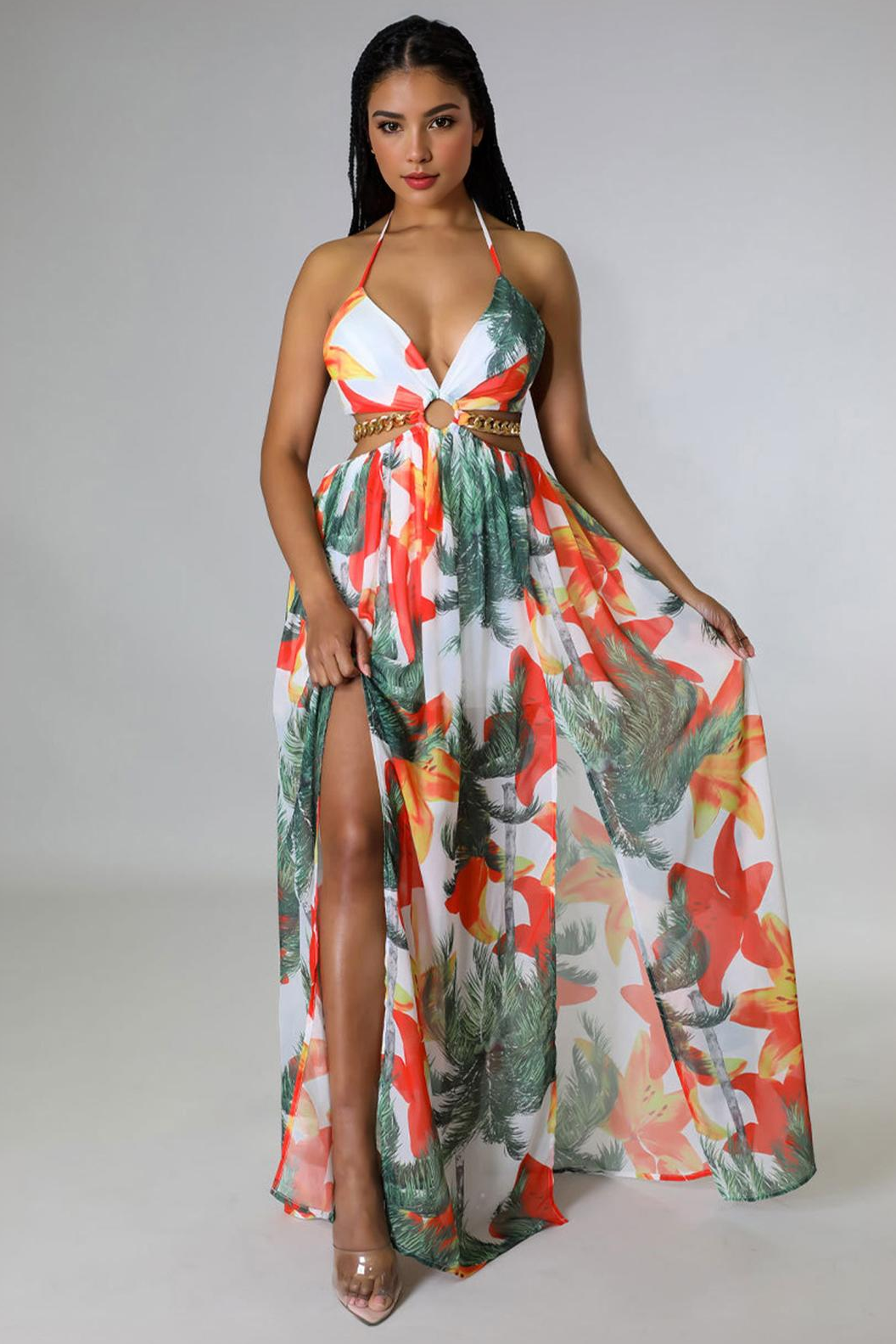 Vibrant Deep V Adjustable Halter Floral Print High Split Maxi Dress - Green