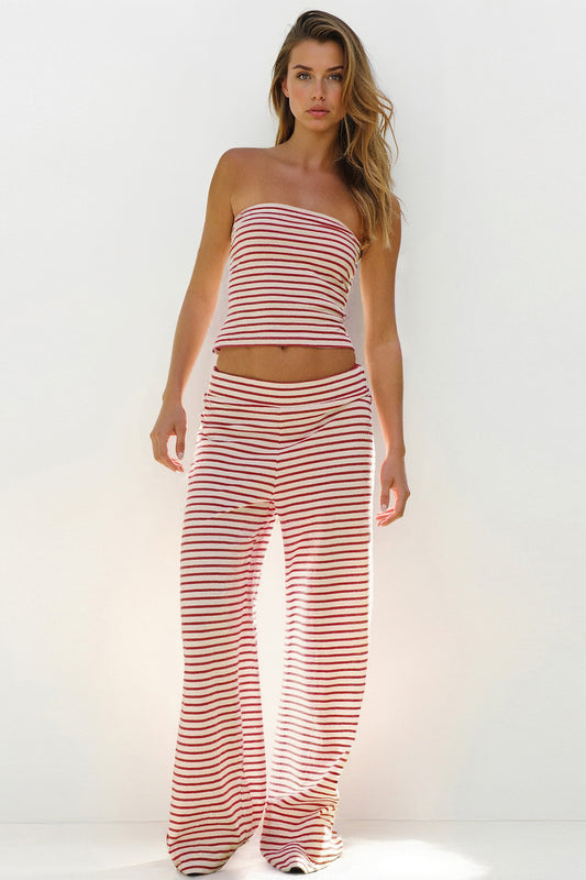 Chic Color Matching Stripe Slim Tube Top & Low-Rise Wide Leg Trousers Co-ord - Black 2