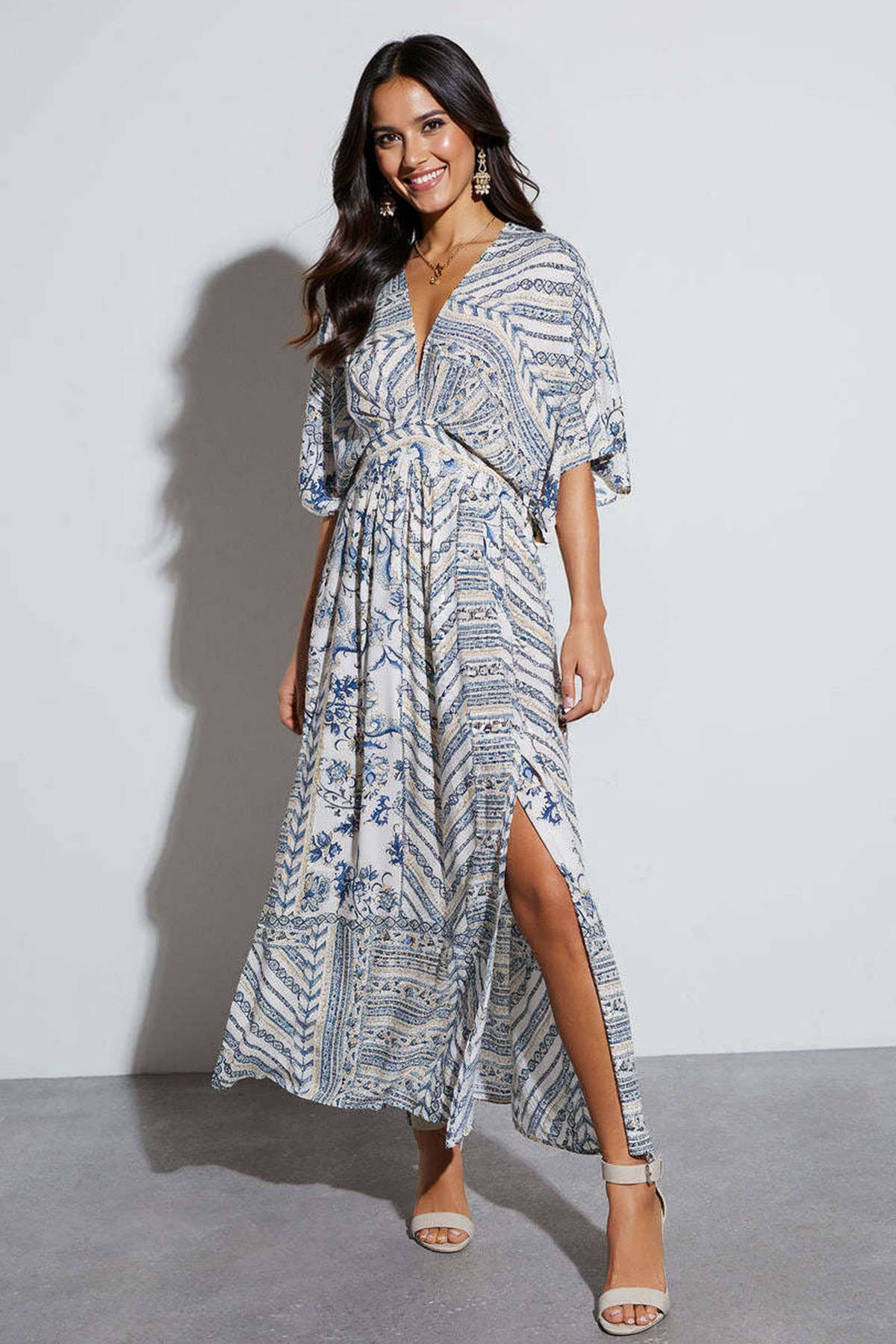 Classy Allover Print Batwing Sleeve Side Slit Maxi Dress - BLUE