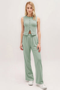 Leisure Round Neck Button Tank Top & Stretchy Trousers Co-ord - Sage