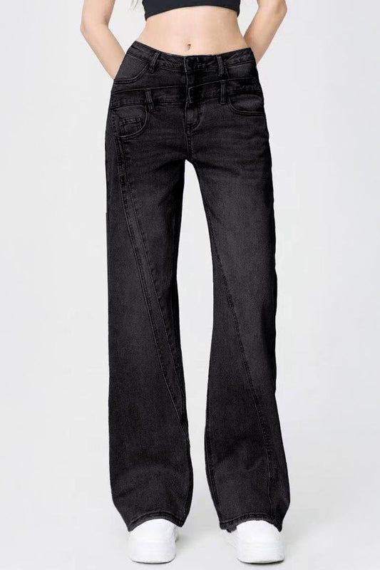 Casual Patchwork Irregular Stitching Flared Jeans - Charcoal