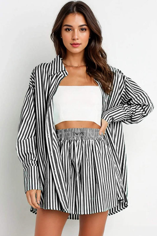 Casual Stripe Collared Button-Up Long Sleeve Shirt & Drawstring Waist Shorts Co-ord - Black