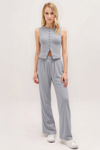 Leisure Round Neck Button Tank Top & Stretchy Trousers Co-ord - Grey