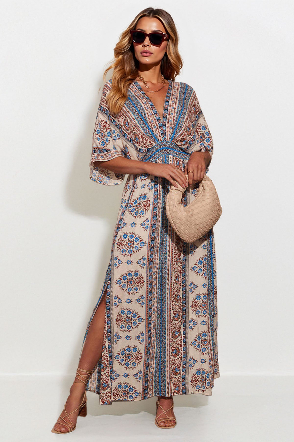 Classy Allover Print Batwing Sleeve Side Slit Maxi Dress - BLUE