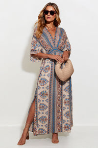 Classy Allover Print Batwing Sleeve Side Slit Maxi Dress - BLUE