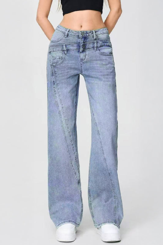 Casual Patchwork Irregular Stitching Flared Jeans - Denim Blue