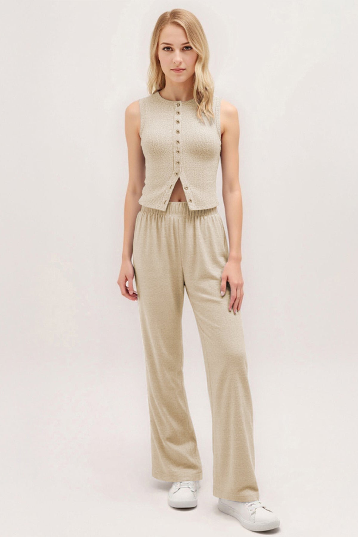 Minimalist Solid V-Neck Button Tank Top & Wide-Leg Trousers Co-ord - Grey 2