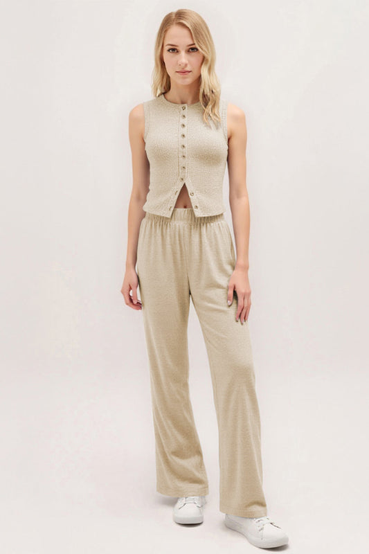 Leisure Round Neck Button Tank Top & Stretchy Trousers Co-ord - Beige