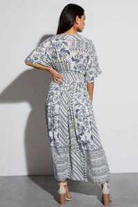 Classy Allover Print Batwing Sleeve Side Slit Maxi Dress - BLUE