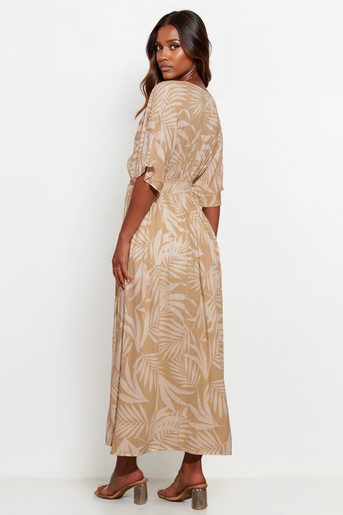 Classy Allover Print Batwing Sleeve Side Slit Maxi Dress - BEIGE