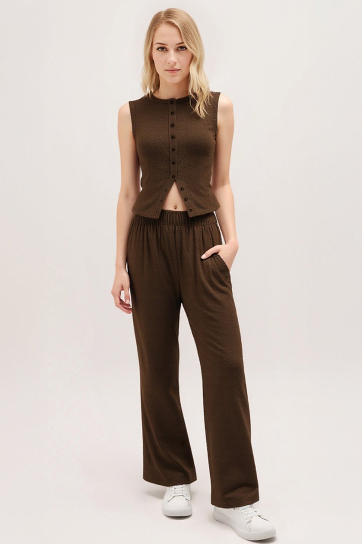 Leisure Round Neck Button Tank Top & Stretchy Trousers Co-ord - Brown