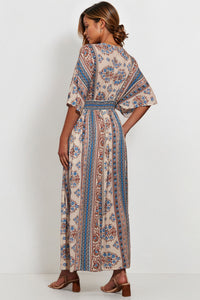 Classy Allover Print Batwing Sleeve Side Slit Maxi Dress - BEIGE