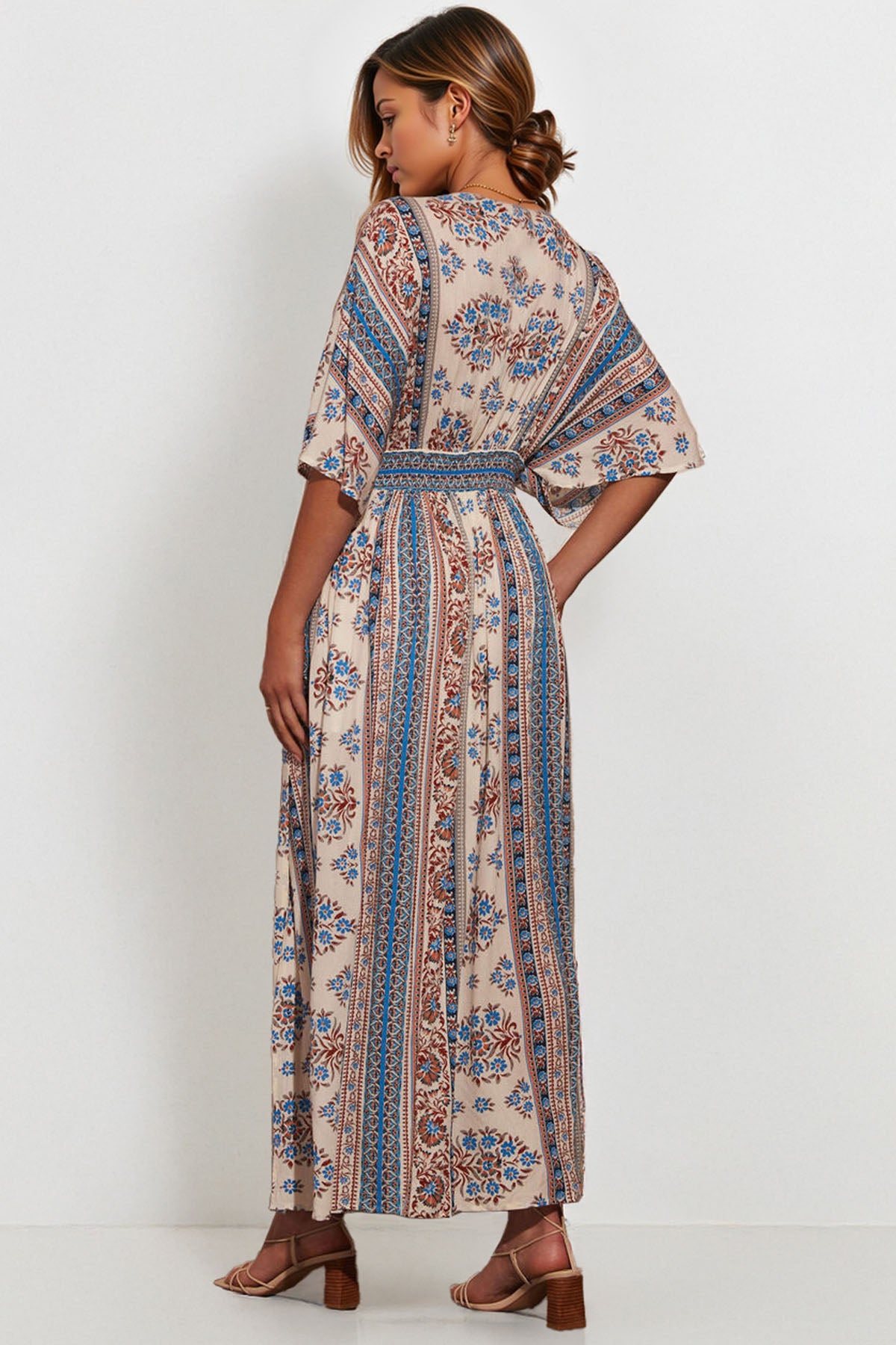 Classy Allover Print Batwing Sleeve Side Slit Maxi Dress - BLUE