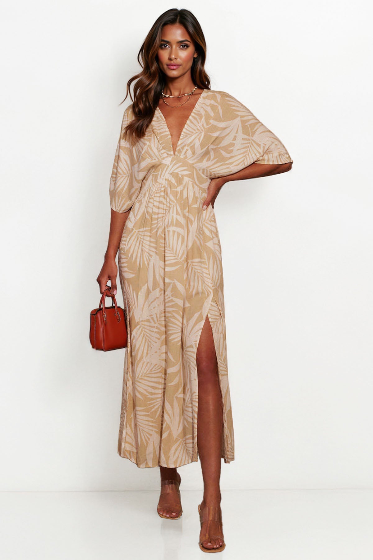 Classy Allover Print Batwing Sleeve Side Slit Maxi Dress - BLUE