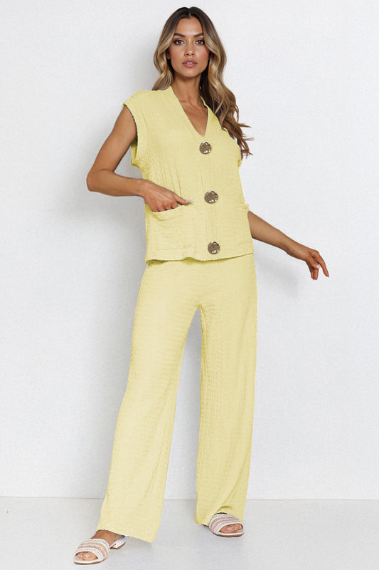 Versatile V Neck Gold-Toned Button Decor Loose Tank Top & Wide Leg Trousers Co-ord - ROSE