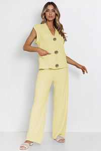 Versatile V-Neck Gold-Toned Button Decor Loose Tank Top & Wide-Leg Trousers Co-ord - Rose 2