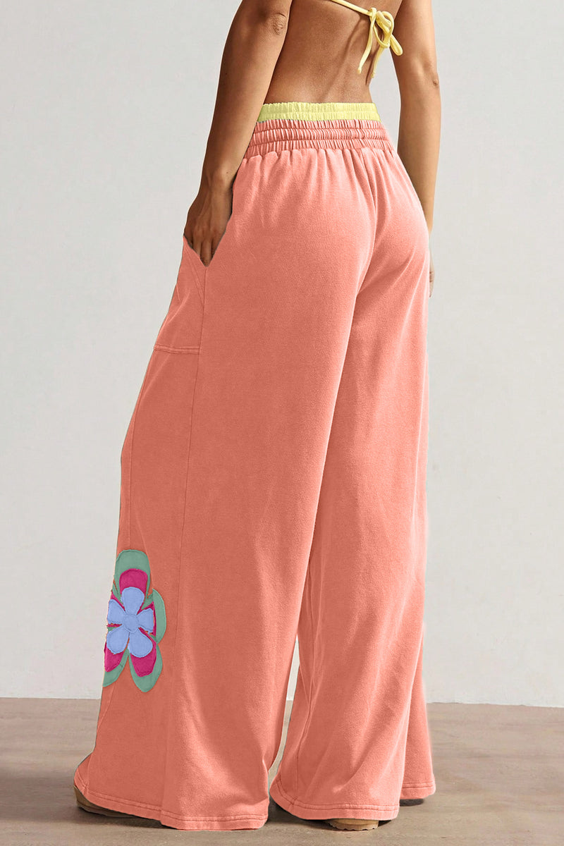 Sea Green Color Block Flower Patchwork Drawstring Contrasted Elastic Waist Wide Leg Pants