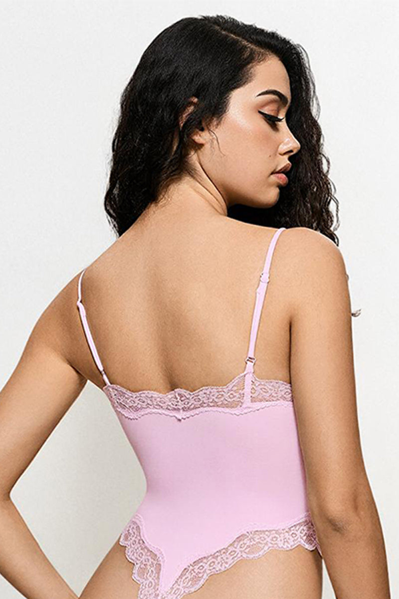 Sexy Solid Color Spaghetti Strap Lace Trim Stretch Bodysuit - PINK