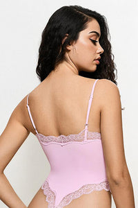 Sexy Solid Color Spaghetti Strap Lace Trim Stretch Bodysuit - PINK