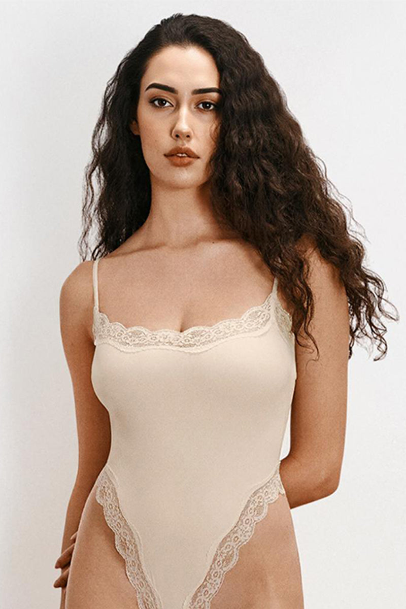 Sexy Solid Color Spaghetti Strap Lace Trim Stretch Bodysuit - PINK
