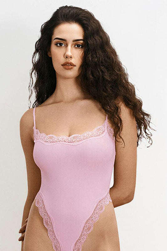 Sexy Solid Color Spaghetti Strap Lace Trim Stretch Bodysuit - PINK