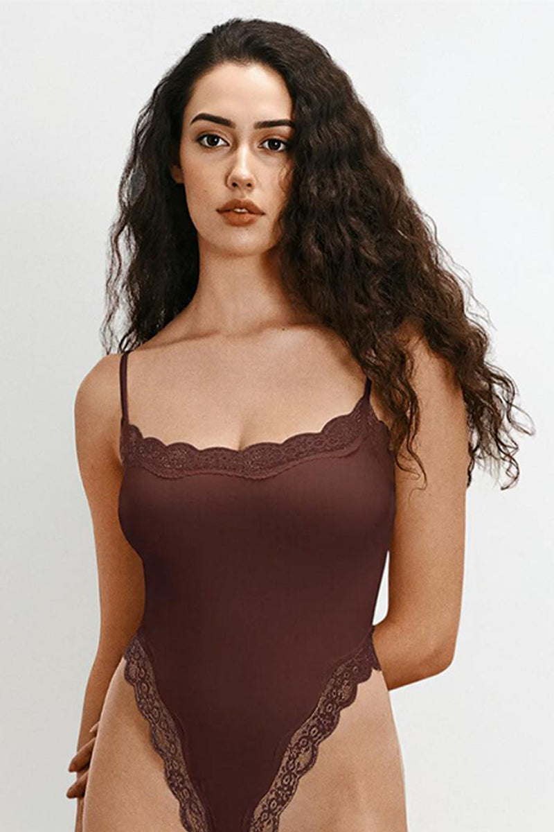 Sexy Solid Color Spaghetti Strap Lace Trim Stretch Bodysuit - PINK
