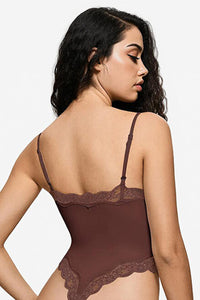 Sexy Solid Color Spaghetti Strap Lace Trim Stretch Bodysuit - PINK