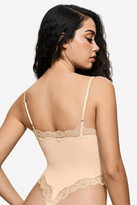 Sexy Solid Color Spaghetti Strap Lace Trim Stretch Bodysuit - PINK