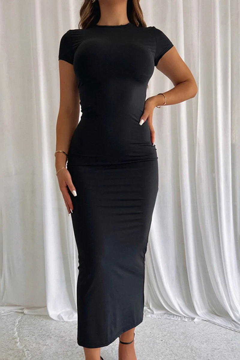 Summer Plain Round Neck Short Sleeve Bodycon Maxi Dress - BLACK