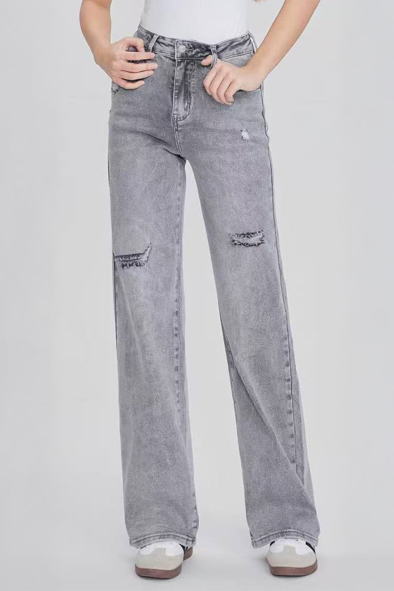 Street High Waist Multi-Pocket Ripped Wide Leg Jeans - LIGHTGREY