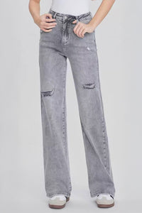 Street High Waist Multi-Pocket Ripped Wide Leg Jeans - LIGHTGREY