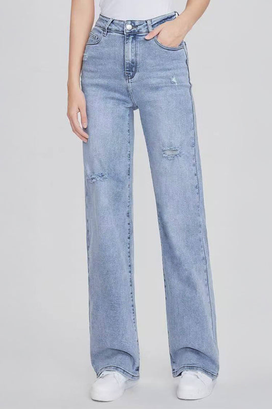 Street High Waist Multi-Pocket Ripped Wide Leg Jeans - LIGHTBLUE